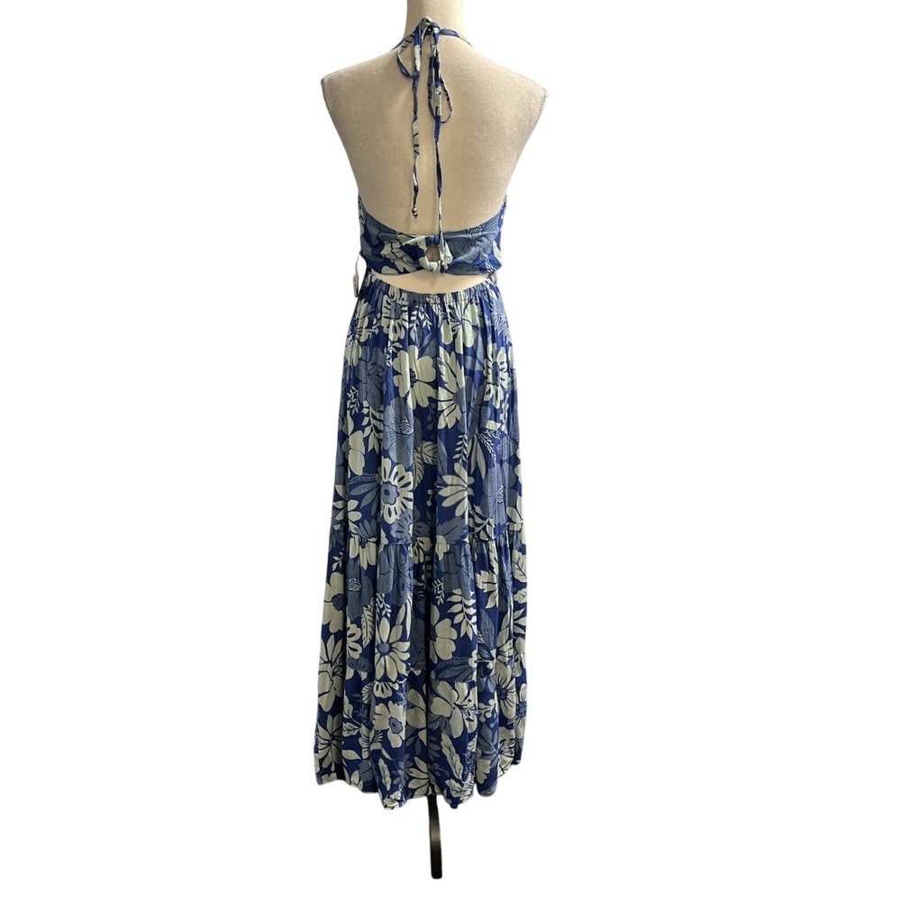 Angie Dress Blue Floral Babydoll Halter Tiered Maxi Size M Tropical Vacation - Picture 2 of 16